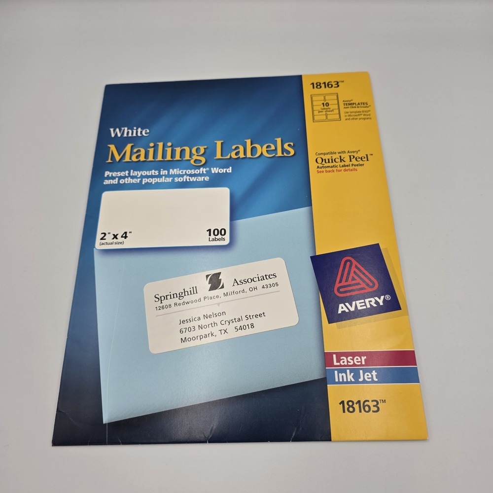 Avery Mailing Labels 2"×4" Paper Quick‎ Peel White Laser/Inkjet 90 Labels #18163